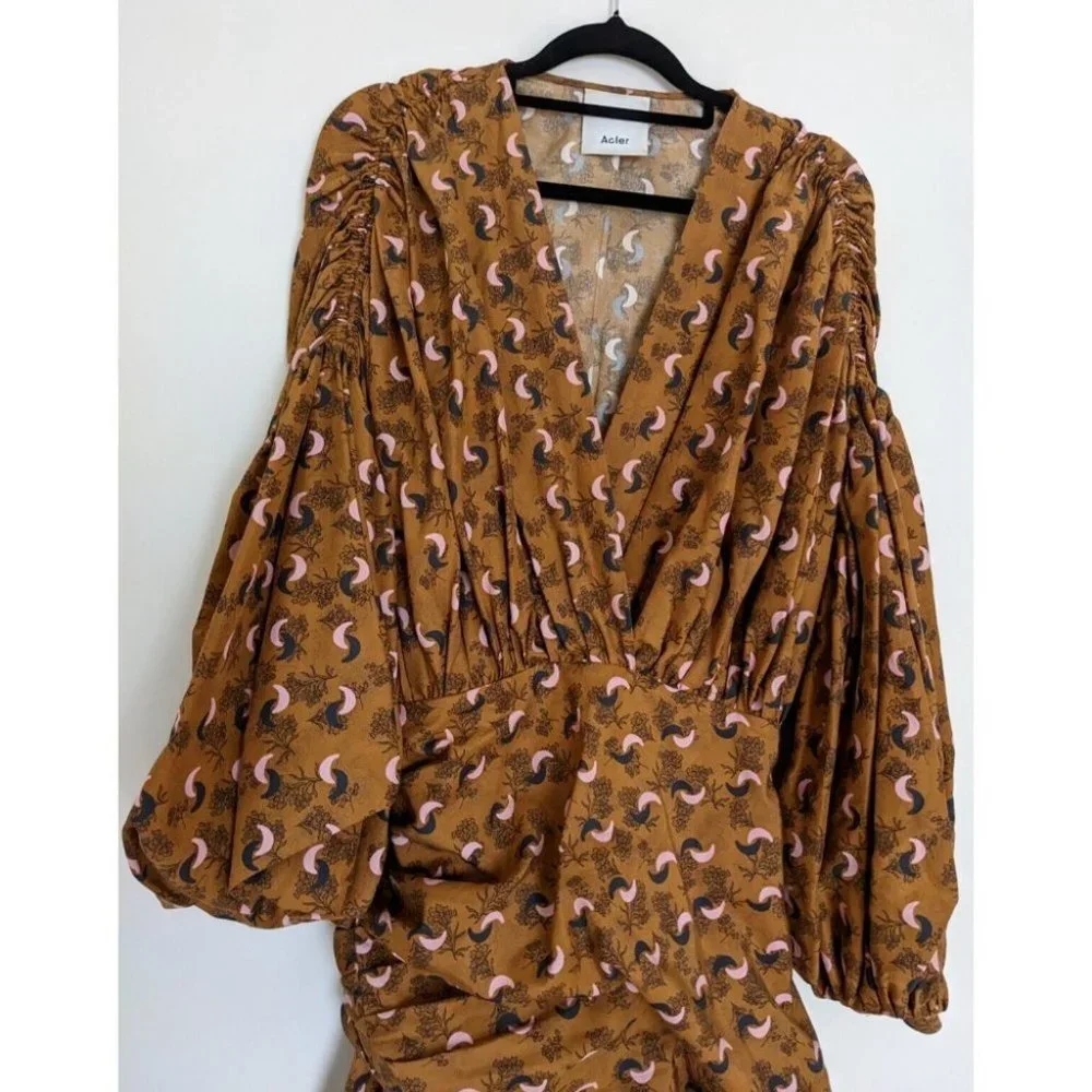 Acler Dorset Mini Dress Long Puff Sleeves Rouched Silk Blend Brown Pink Size 8 - Picture 6 of 10